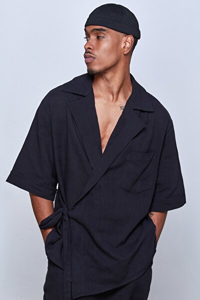 Dear Deer Black Linen Double Breasted Jacket Pants Set