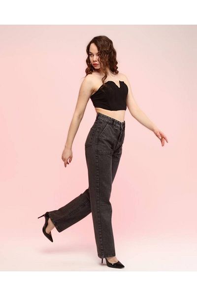 SHEVEGA Anthracite Pocket Detailed High Waist Snow Wash Loose Wide Leg Jeans Wide Leg Jeans