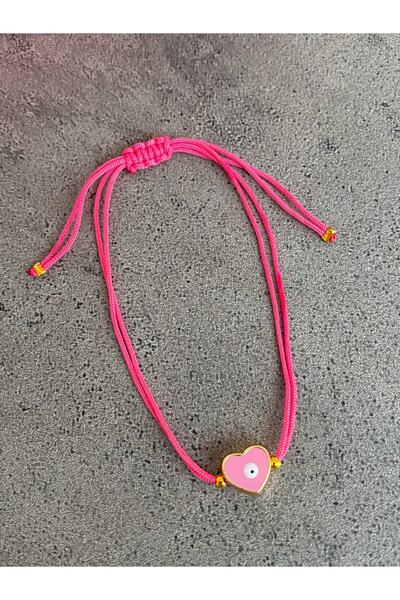 Lucky Designs Mineli Nazarlı Kalp Pembe Asansörlü Ip Bileklik