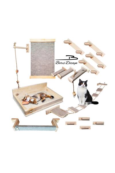 Barış Dizayn 16 Parça Doğal Ahşap Peluş Kedi Merdiven Köprü Platform Oyun Duv...