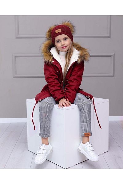 Cappella Butik Комплект от 3 части - бордо палто, кариран панталон и барета за момиче