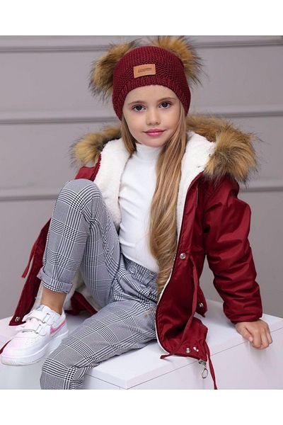 Cappella Butik Комплект от 3 части - бордо палто, кариран панталон и барета за момиче