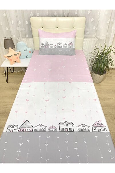 EVPANYA Pembe Gri Evler Desenli Yatak Örtüsü Ve Yastık Kılıfı