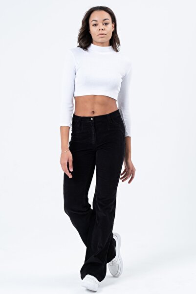 Barkaist Kadın Siyah Normal Bel Geniş Paça İnce Fitilli Kadife Pantolon