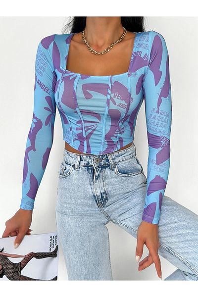 QUTTA Bluză de damă cu modele albastre, cu decolteu pătrat, cu aspect corset, cu imprimeu digital
