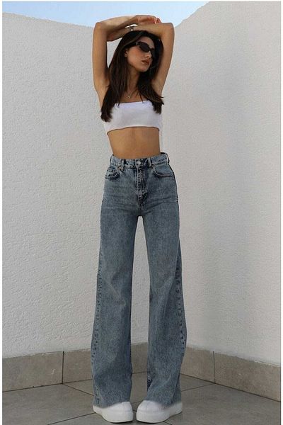 Trn JNS Sema 90's Mid Snow Lycra largi, talie super înaltă, blugi din denim, pantaloni Palazzo (foarte confortabili)