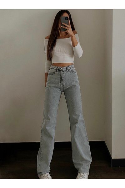 Trn JNS Elena Anii 90 Ice Snow Lycra largi, talie super înaltă, blugi din denim, pantaloni Palazzo (foarte confortabili)
