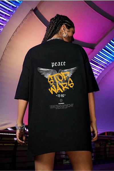 Touz Ery Peace Back Printed Черна унисекс голяма тениска