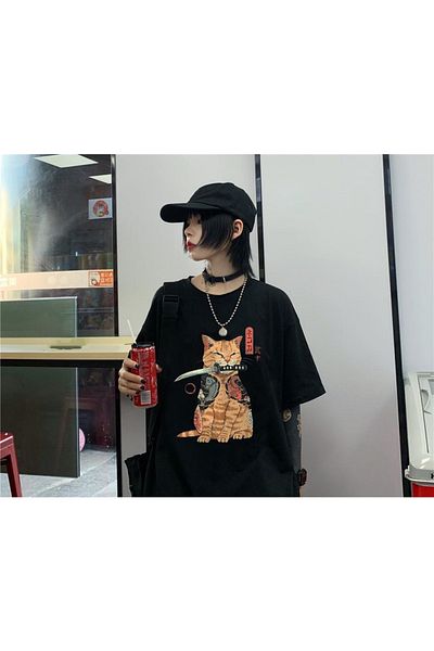 Touz Killer Cat εμπριμέ μαύρο μπλουζάκι Unisex Oversize