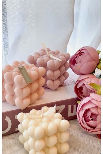 Mumbox mutluluk mum şeklinde 3’lü Kalpli Bubble Kokulu Mum Krem Lila Pembe