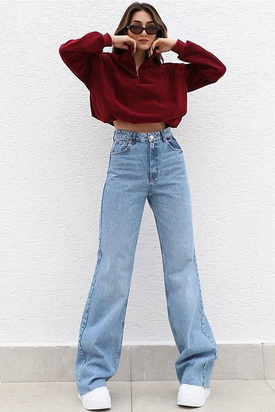 Trn JNS Julia Anii 90 Light Snow Lycra Largi Talie Super Înaltă Anii 90 Denim Jeans Pantaloni Palazzo (Foarte Confortabil)