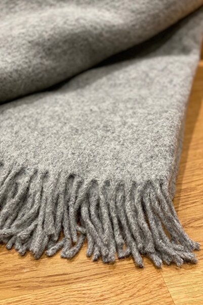 Rey Home %100 Doğal Saf Yün Tek Kişilik Tv Battaniyesi, Püsküllü Diz Battaniyesi, Gri, 130x170 Cm