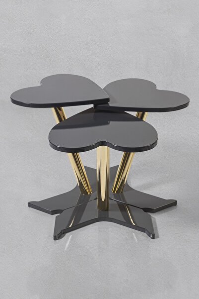 Veys Sehpa 3 Lü Gold Kalp Zigon Sehpa - Füme