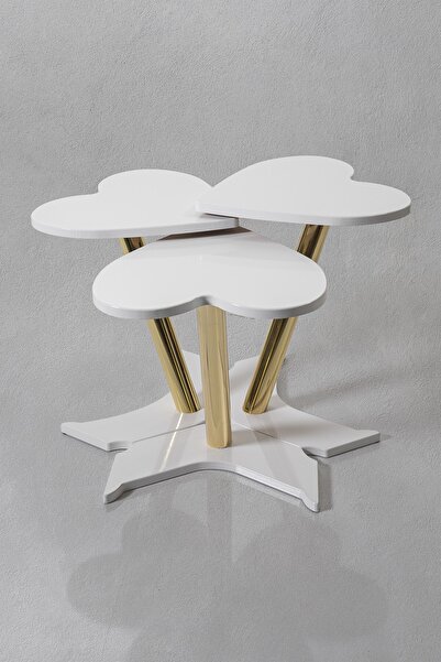 Veys Sehpa 3 Lü Gold Kalp Zigon Sehpa - Beyaz