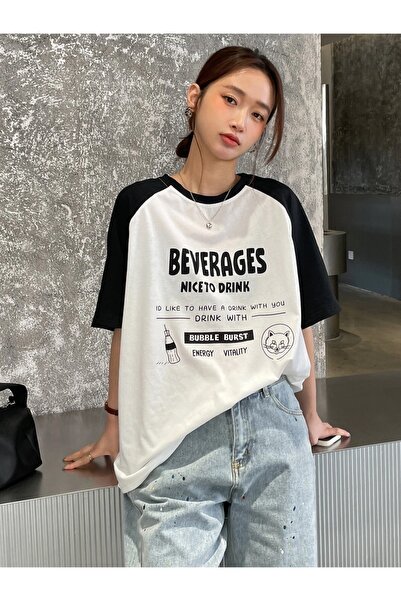 Machetta Γυναικείο μπλουζάκι Beverages Nice To Drink με εμπριμέ μανίκια μαύρο oversize