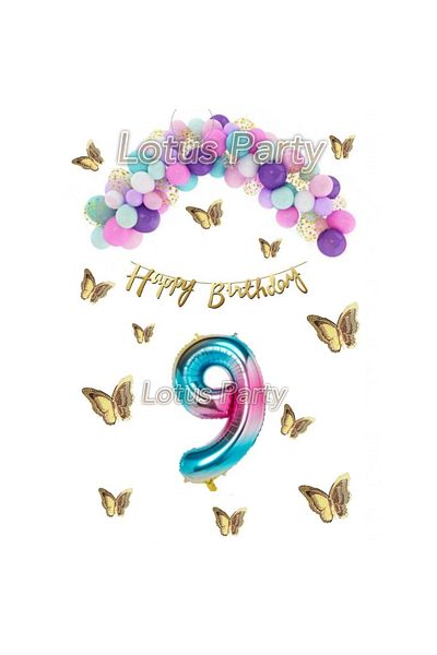 LOTUS PARTY 9 Year Old Birthday Set Butterfly Rainbow Unicorn Concept Macaron Balloon Chain
