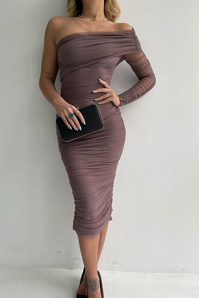 lovebox Gefütterter Tüllstoff, einärmelig, detaillierter schmaler Schnitt, Midi-Länge, Nerz-Bleistift-Abendkleid, Abschlusskleid 109