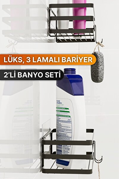 Bino Banyo Düzenleyici Şampuanlık Sabunluk 2 Li Set Lamalı Yapışkanlı 4 Askılı Duş Rafı Organizer