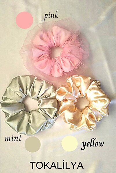 TOKALİLYA Kadın Lastikli Simit Saten Tüllü 4lü Pastel Sarı Somon Mint Yeşili ...