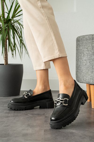 Ayax Black Loafer Chain Buckle Casual Women's Shoes