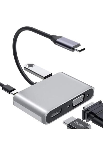 Coverzone Type-c Hdmi Vga Usb 3.0 Type 4in1 Video Dönüştürücü Veri Aktarım Usb Adaptör Notebook Macbook Uyumlu