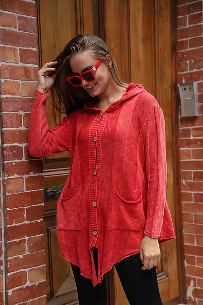 Sosyete Kaplumbağa Authentic 100% Cotton Knitwear Wooden Buttoned Double Pocket Washed Asymmetrical Cardigan