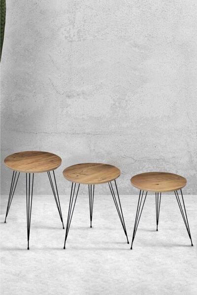 Victor Vallery 3'lü Zigon Sehpa Takımı Ahşap Ve Siyah Metal Kahve Sehpa Seti