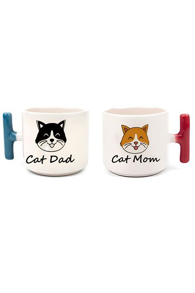 GünayStore Double Turkish Coffee Cup & Espresso Cat Dad & Cat Mom Blue & Red 2-pack T Cup Mug 200 Ml