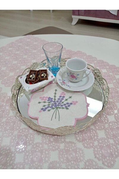 AYNAKIŞÇEYİZ منديل تقديم القهوة من الكتان المطرز بتفاصيل لافندر مكون من 6 قطع