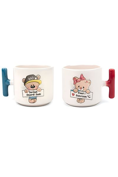 GünayStore Double Turkish Coffee Cup & Espresso T Handle Special for Valentine's Day 200 Ml