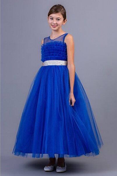 Sare Çocuk Giyim Mavi Dik Tütü Detaylı Uzun Tarlatanlı Kız Çocuk Abiye Doğum Günü Elbisesi Özel Gün Elbisesi