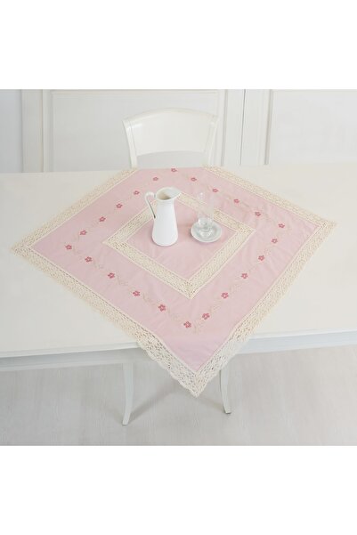 ÖDEL HOME Pudra Buldan Kumaşı Dantelli Işlemeli 90x90 Cm Masa Örtüsü