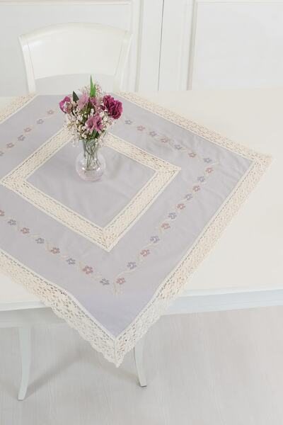 ÖDEL HOME مفرش طاولة من قماش بولدان رمادي مطرز بالزهور مقاس 90x90 سم