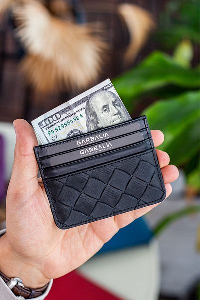 Garbalia Cape Genuine Leather Knit Patterned Thin Unisex Black Card Holder