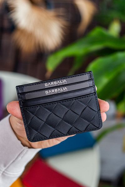 Garbalia Cape Genuine Leather Knit Patterned Thin Unisex Black Card Holder
