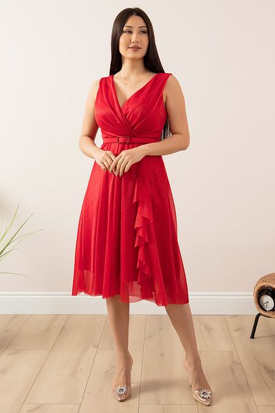 PULLIMM Glitter Zero Sleeve Double Breasted Collar Flounce Dress 13405