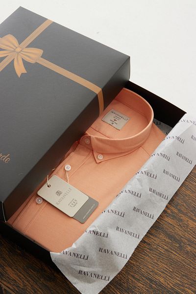 RAVANELLI Ανδρικό μακρυμάνικο πουκάμισο Vessmen Orange Slimfit Cotton Oxford Lycra γιακά με κουμπιά
