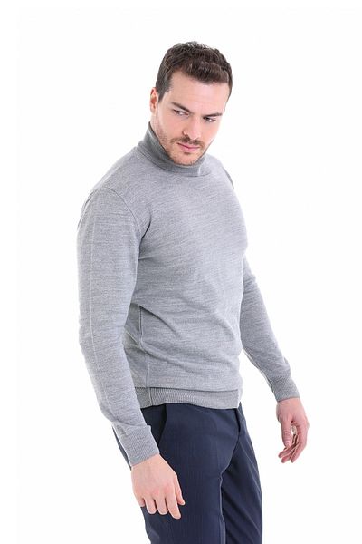 Hatemoğlu Γκρι Comfort Fit Απλό μάλλινο πλεκτό πουλόβερ με λαιμόκοψη
