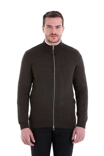 Hatemoğlu Καφέ Comfort Fit Απλό μισό ζιβάγκο μάλλινη ζακέτα με φερμουάρ