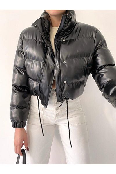 PuKa Moda Palton din piele Crop Puffer - Negru