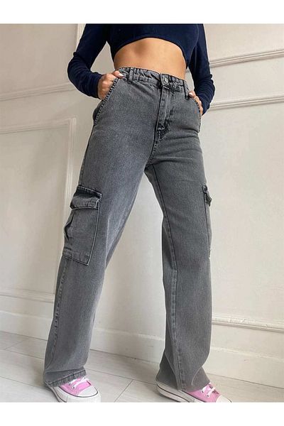 LAMİRA Women's Cargo Smoked High Waist Seal Palazzo