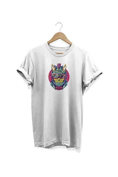 WİDİ Sa kacigom mačka Štampano Bela T-shirt