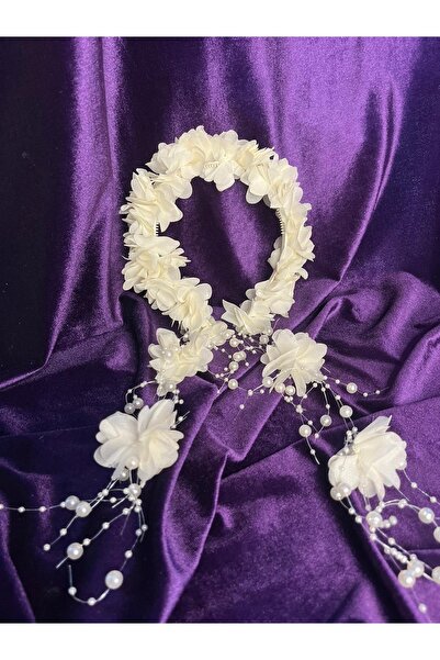 YAĞIZ BİJUTERİ Κρεμ Σιφόν Κορώνα με Λουλουδάτα Σκουλαρίκια