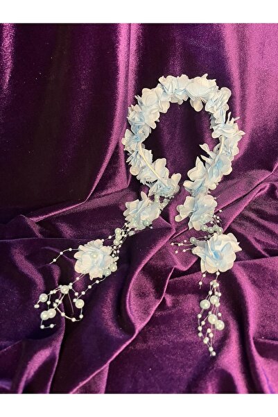 YAĞIZ BİJUTERİ Μπλε σιφόν κορώνα με λουλουδάτα σκουλαρίκια