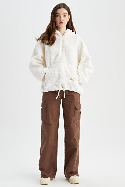 DeFacto Плюшен суитшърт тип кенгуру с качулка и половин цип