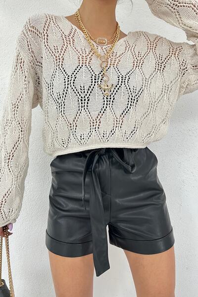 LE CARAMBOLE Women's Ecru V-Neck Acur Detailed Knitwear Blouse