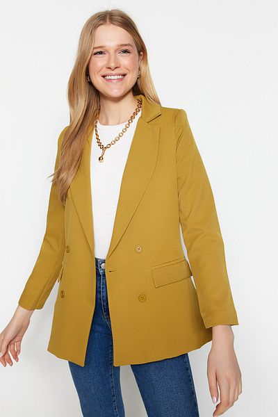 Trendyol Collection Ανοιχτό καφέ κανονική επένδυση με διπλό στήθος με κουμπί κλεισίματος Λεπτομερές υφαντό σακάκι TWOAW21CE0264