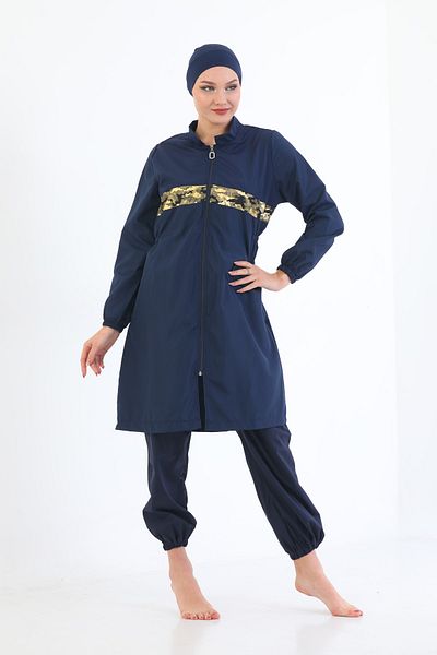 Elif Okur Full Covered Micro Hijab Swimsuit Navy Blue 7561