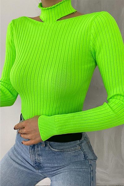 FEMELLE Pulover de damă, verde fistic, nou sezon, cu guler, mărime standard, cu nervuri, tricotaje de pescar