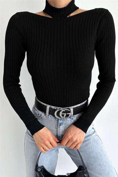 FEMELLE Women's Black New Season Collar Detailed Standard Size Ribbed Fisherman Knitwear Sweater